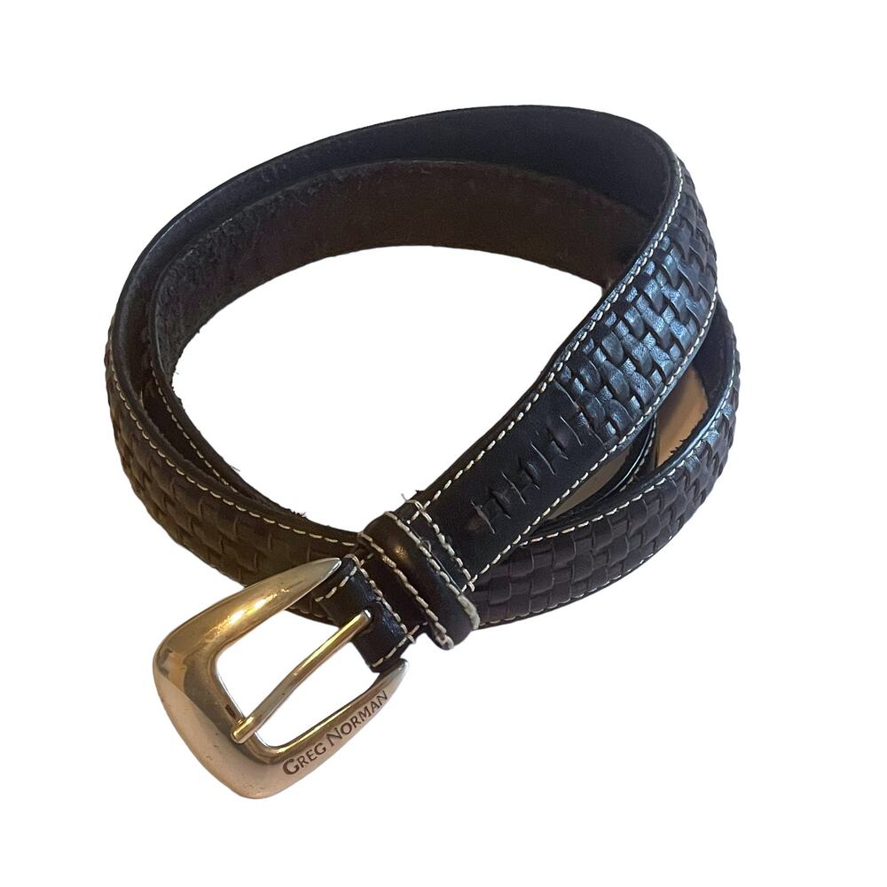 Greg Norman Black Leather Braided Woven Belt Mens Large Silver Hardware